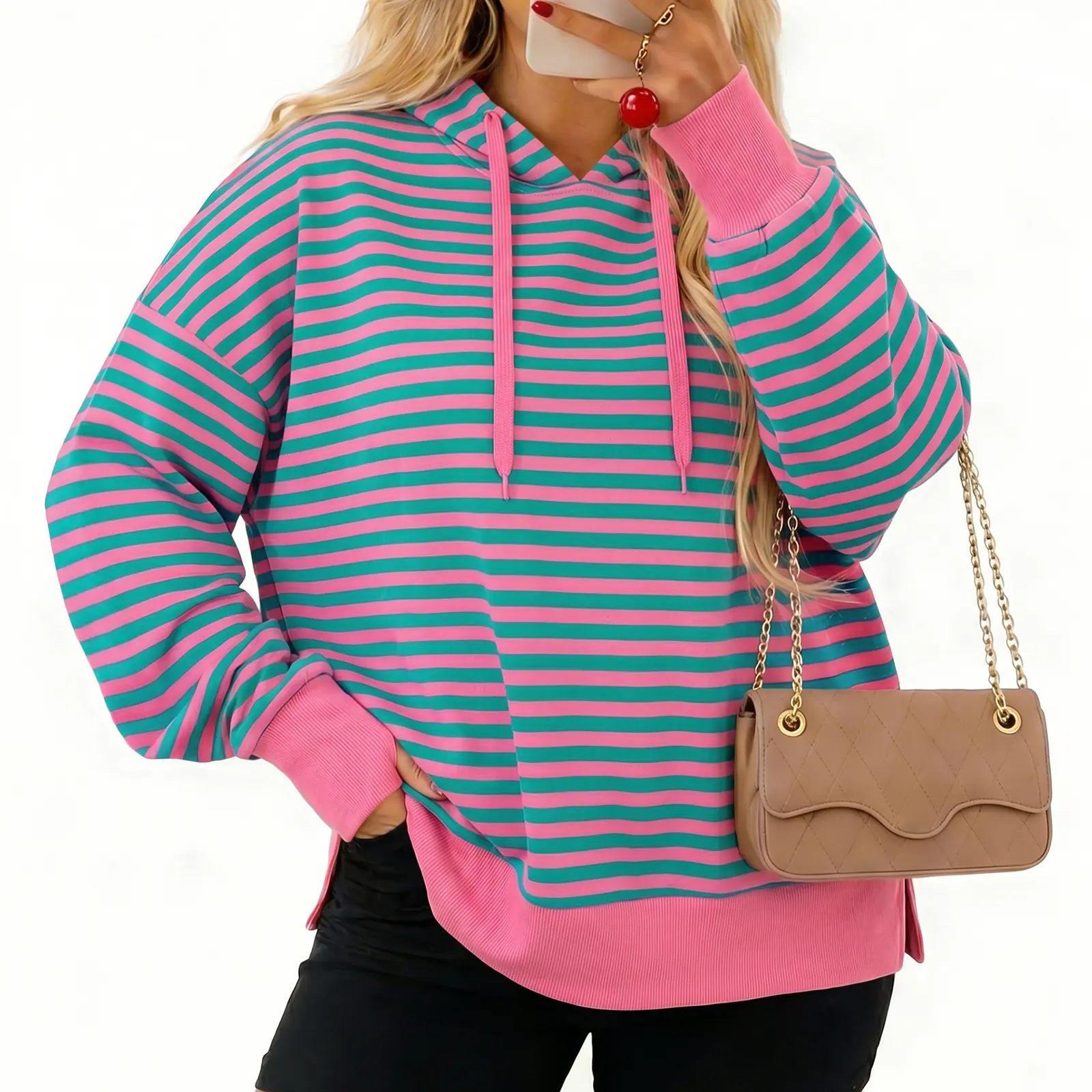 Eytino Womens Plus Size Colorblock Stripe Thumbhole Long Sleeve Drawstring Hooded Top Athleisure Loose Hoodie (1X-5X)