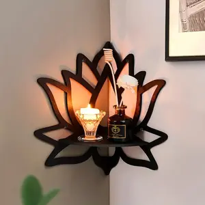 Creative Lotus Shape Wall Corner Shelf, Wooden Wall Shelf, Bohemian Hollow Out Crystal Storage Rack, Vintage Home Decor, Simple Home Decor for Bedroom Walls, Wall Mount Design, Decorative, Home Decoration