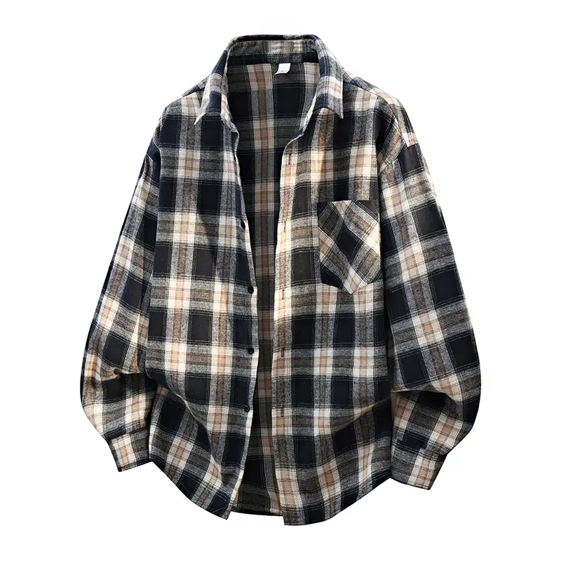Men's Navy-Brown Plaid Cotton-Poly Flannel Shirt - Baggy Casual Wear, Classic Point Collar, Button-Front, Chest Pocket, Soft Brushed Premium Fabric, Loose Full Sleeves Top for Daily Work, Everyday Outing, Menswear Streetwear Vintage Clothing