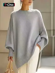 Relaxed Round Neck Pullover Knit Sweater, Loose Casual Simple Versatile Lazy Style, Pure Color Woolen Top, Elegant Comfortable Knitted Shirt