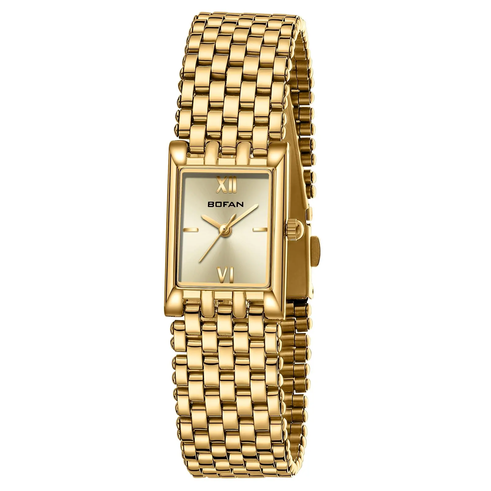 BOFAN Gold Watch for Women Vintage Ladies Square Quartz Wristwatch All Stainless Steel Womens Dainty Tiny Old Money Goldwatch Luxury Casual Fashion Bracelet Tools Included, Gift for Mother