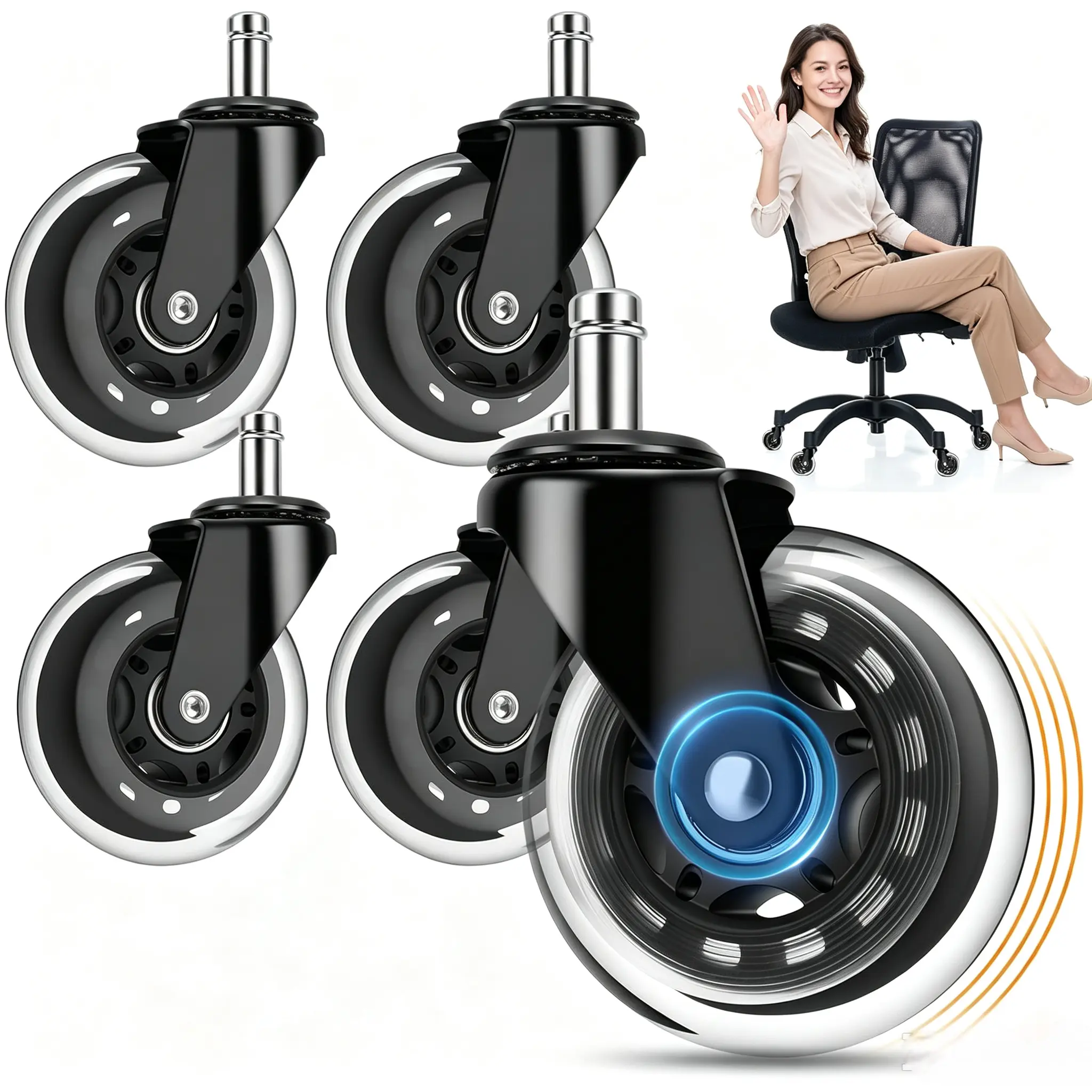 2026 Upgraded 3 Inch Office Chair Replacement Wheels, 5 Pack Heavy Duty Rubber Casters 11x22mm Stem, Quiet Smooth Rolling for Hardwood, Carpet & All Floors