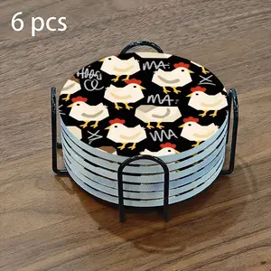 6-piece ceramic coaster set, featuring a black background with a white chicken circular pattern. These heat-resistant, non-slip coasters come with a stand and are perfect for home, dining, or as beverage mats.