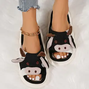 Comfy Women's Cartoon Cow Shape Home Slippers - Soft Linen Fabric with Thick Bottoms.
