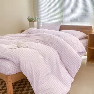 Pink Gingham Duvet Cover Twin, Grid Geometric Square Pattern Comforter Cover,Plaid Washed Microfiber Cover(2PCS,Twin)