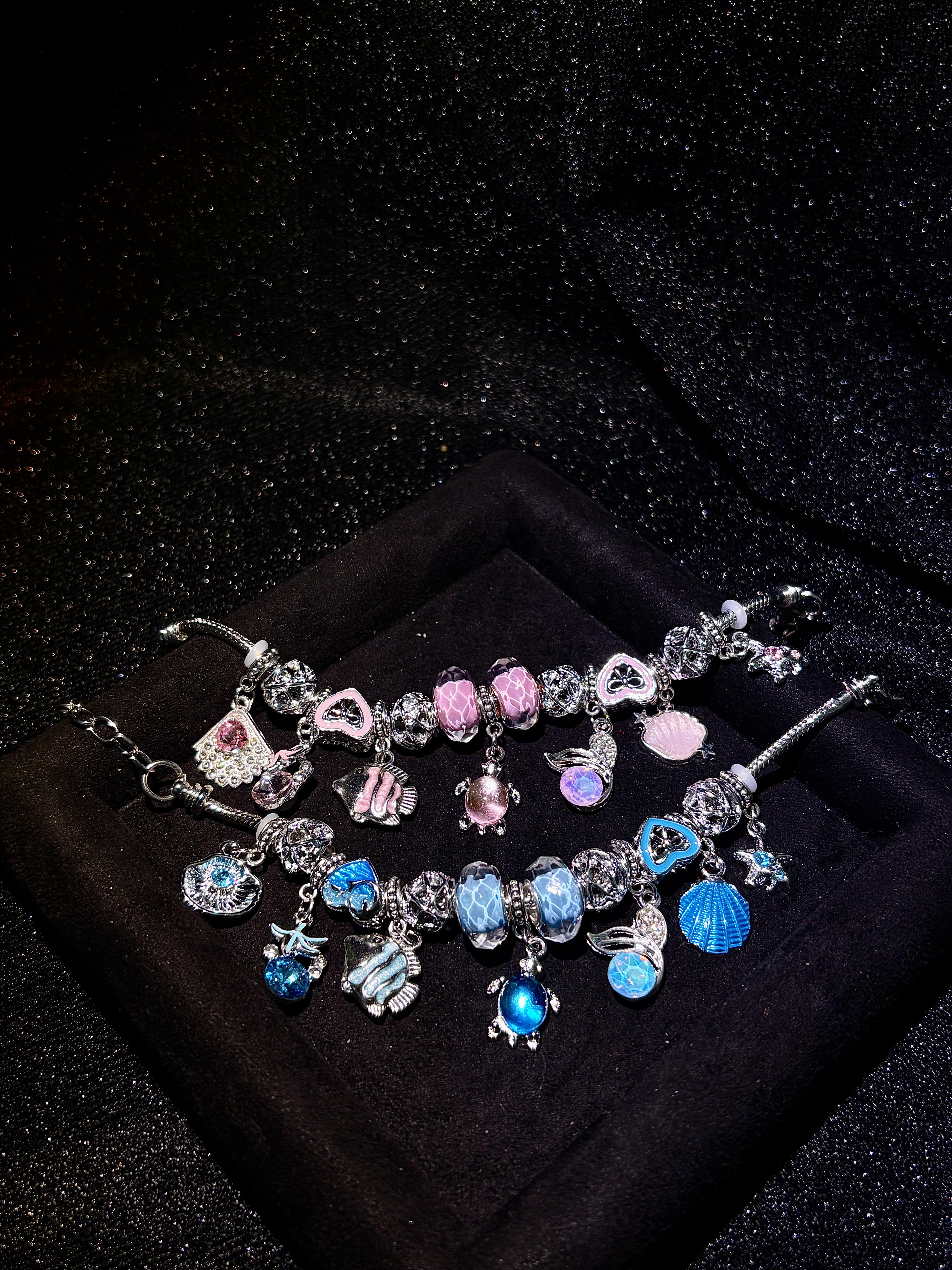 Women's Ocean Theme Charm Bracelet - Silver Snake Chain Beaded Bracelet with Shell, Turtle, Fish, Starfish Charms - 2-Color Mermaid Beach Costume Jewelry Gift