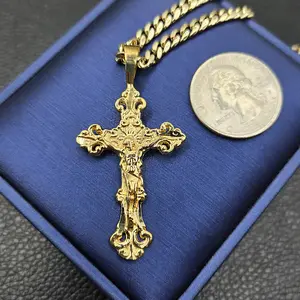 Unisex High End Gold Finished Crucifixion of Jesus Cross Pendant with 4mm Brass Cuban Chain, Available in 18", 20", 24" Sizes