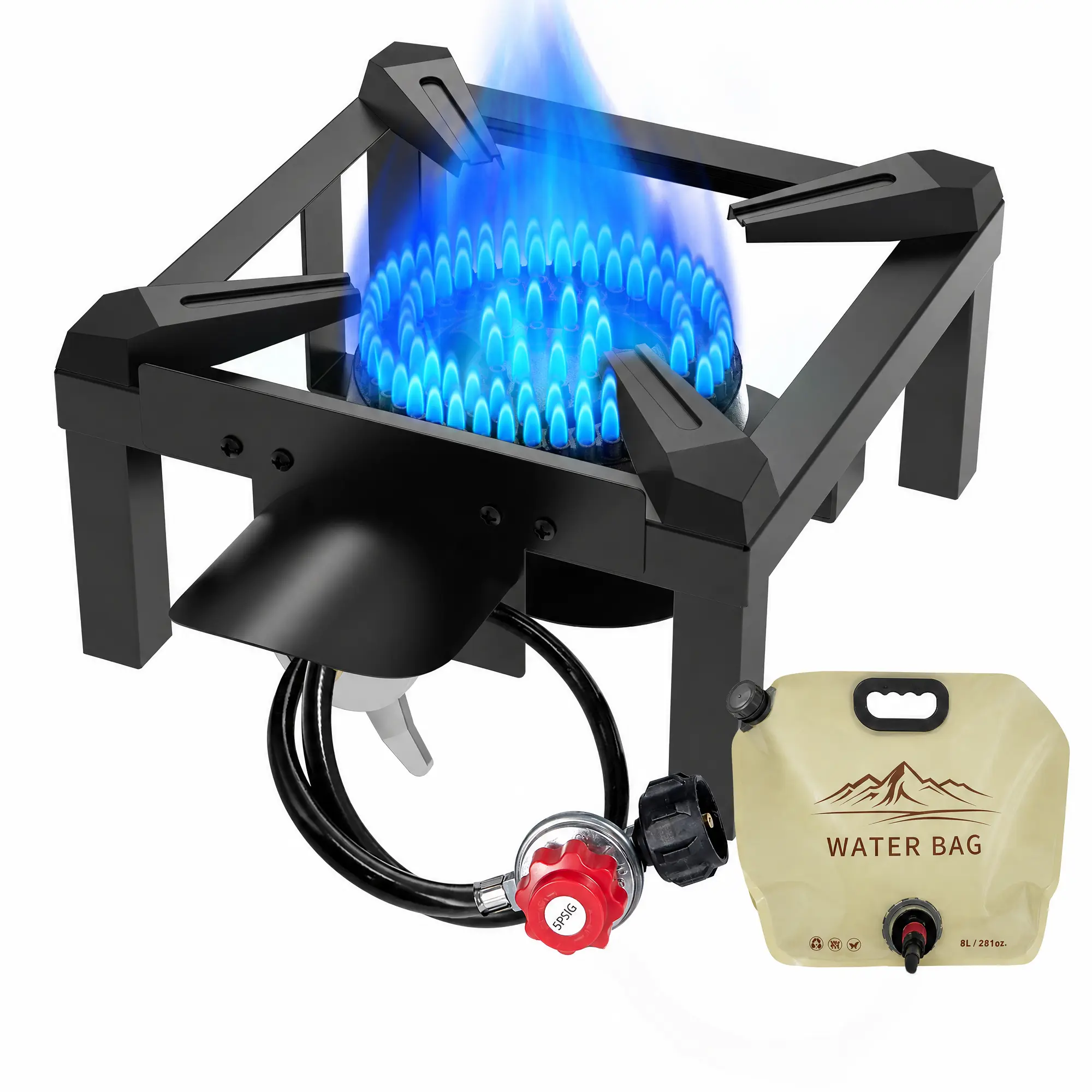 BESTFIRE 10" 100K BTU Propane Burner High Pressure – Outdoor Single Gas Stove with 4.1ft 0-5PSI Adjustable Regulator for Precise Flame Control, with 8L Water Bag – for Turkey Frying, Seafood Boil, Backyard BBQ & Camping patio cooking barbecue home brewing