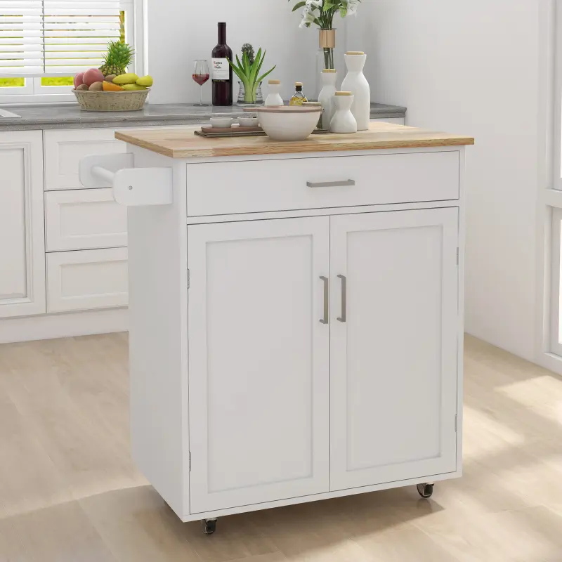 Bellemave Sturdy Rolling Kitchen Trolley Cart - 32x17x36in Rubberwood Top, Lockable Wheels, Adjustable Shelves, Towel Rack, Drawer, Double Doors, Handle, 55.40 lbs Indoor Cupboard Furniture, Wood, Rectangular