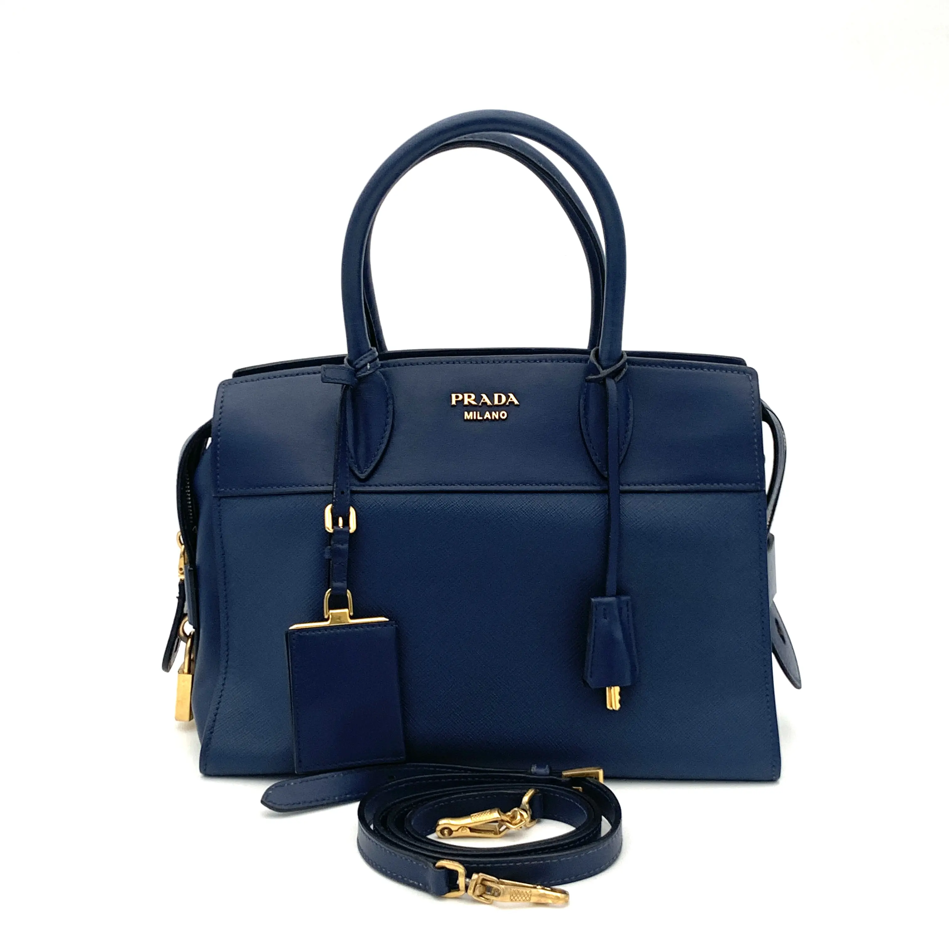 Pre-owned PRADA Leather Handbag Esplanade Saffiano Blue Medium W/Strap #5034