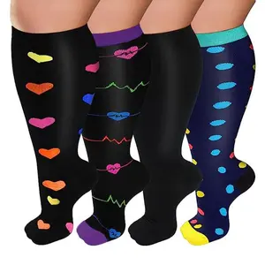 Compression Socks, 4 Pairs Colorful Comfy Breathable Compression Athletic Socks for Women & Men, Extra Wide Calf Socks, Sports Socks for Running, Hiking
