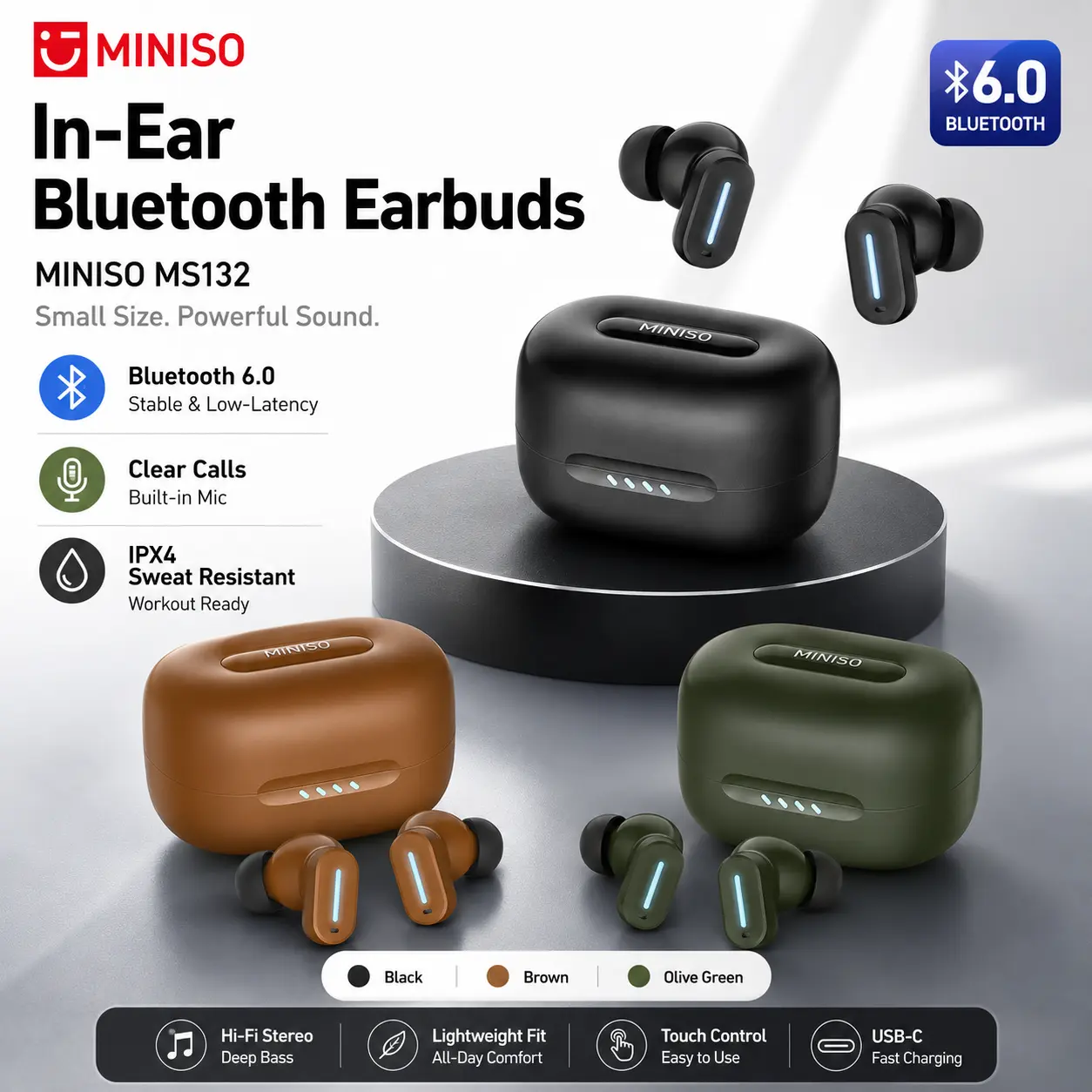 MINISO MS132 TWS Noise Cancelation Wireless Earbuds - Bluetooth 6.0 Headset, In-Ear Design, Active ANC, Water Resistant, Built-In Microphone, Suitable for Sports & Office Use