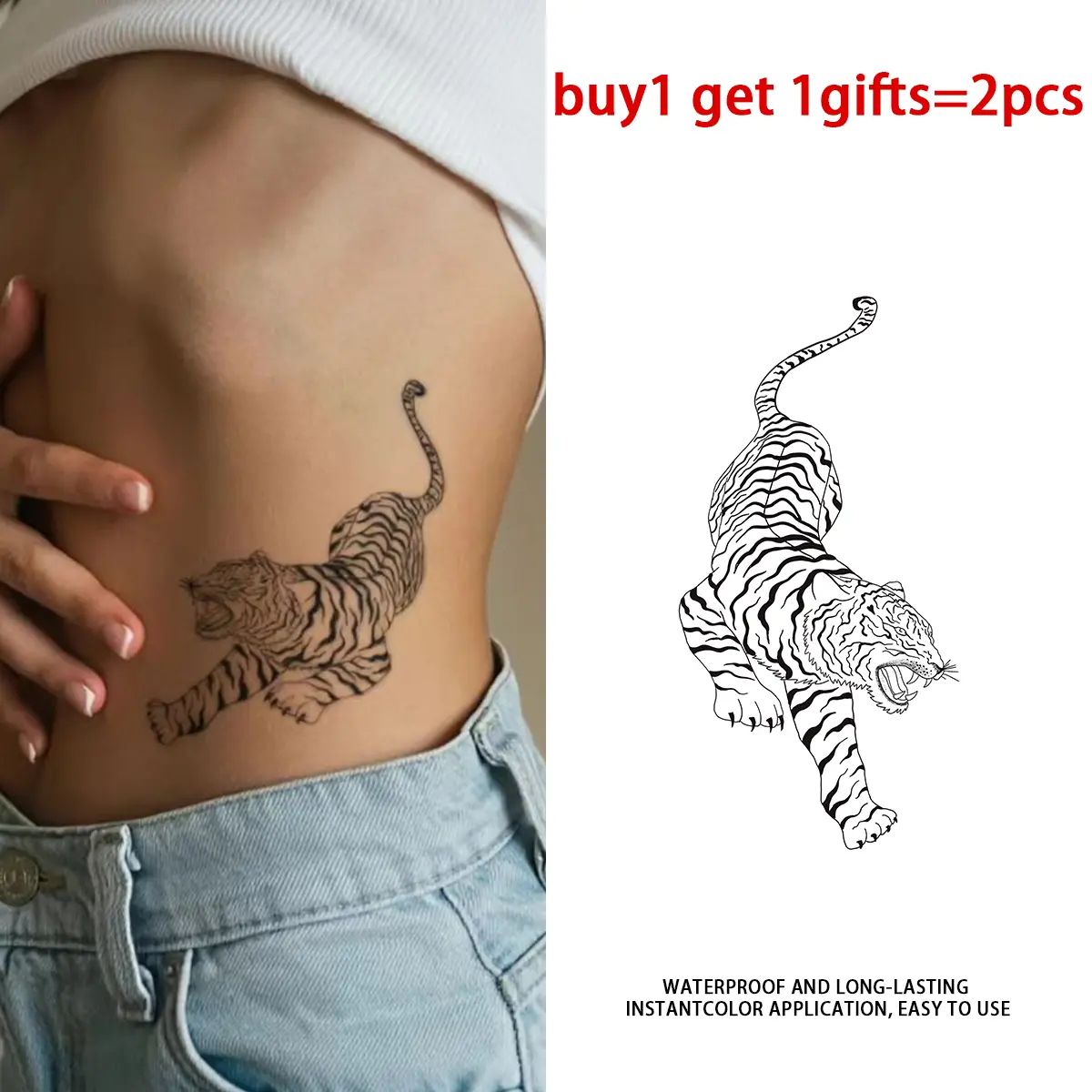 Tech Tiger Series Line Art Temporary Tattoo Stickers - 2 Sheets Semi-Permanent Waterproof Realistic Fake Tattoos, Suitable for Men Women, All Skin Types Ideal for Swimming, Party, Beach