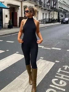 Backless Halter Neck Fitted Solid Womenswear Jumpsuit, Elegant Backless Design, Perfect for Casual & Formal Wear, Comfortable Fit, Versatile Fashion Piece