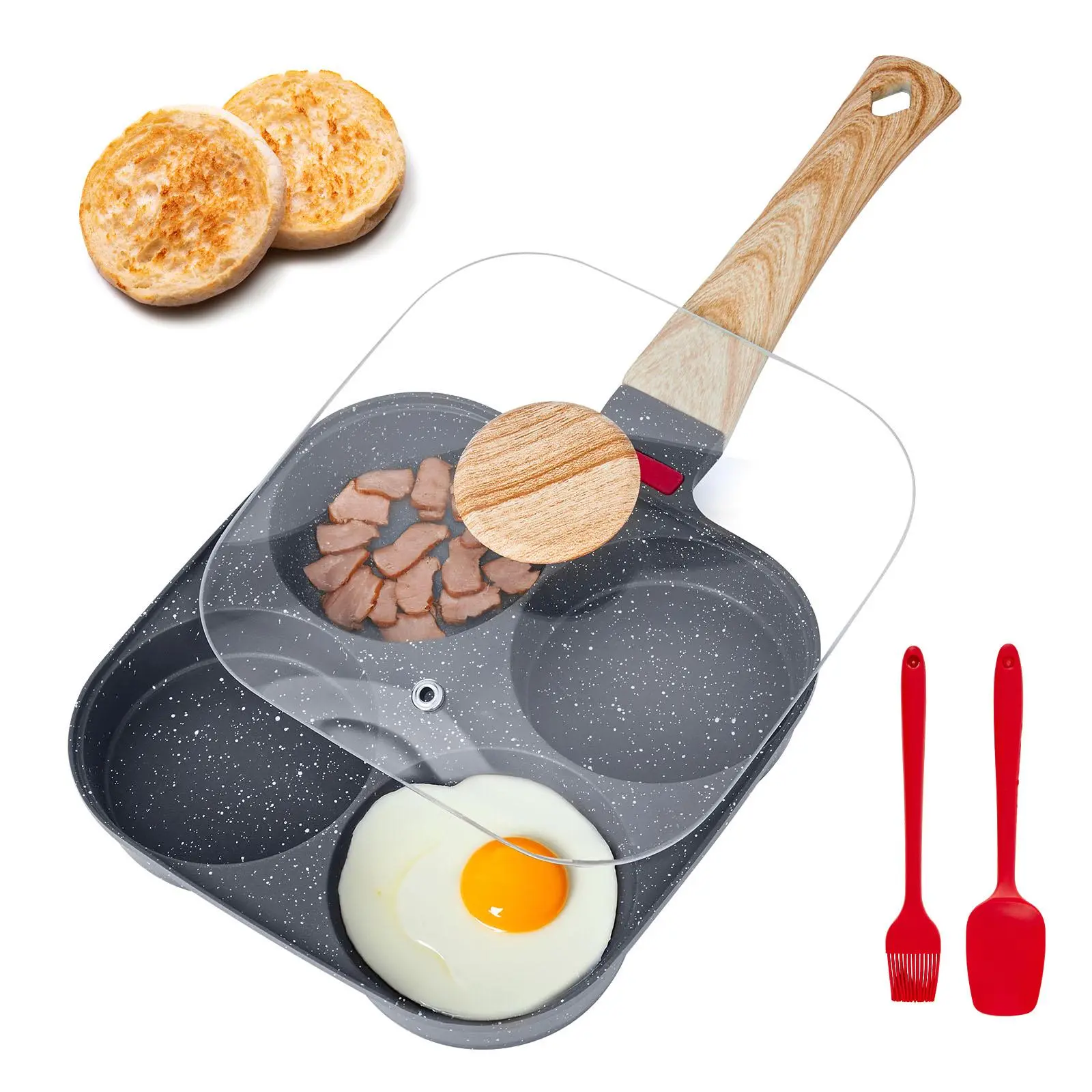 【Fallpicks】VEVOR 4-Hole Nonstick Aluminum Alloy Cookware Egg Griddle Pan, Frying Pan with Wipeclean Coating, Lid, Oil Brush & Scraper, Batch Cook Tool for Eggs & Bacon, Induction Stovetop & Gas Compatible