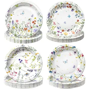 100 PCS 9-Inch Wildflower Floral Disposable Paper Plates, 4 Floral Designs for Mother's Day Baby Shower Bridal Shower Spring Birthday Tea & Garden Party Decorations