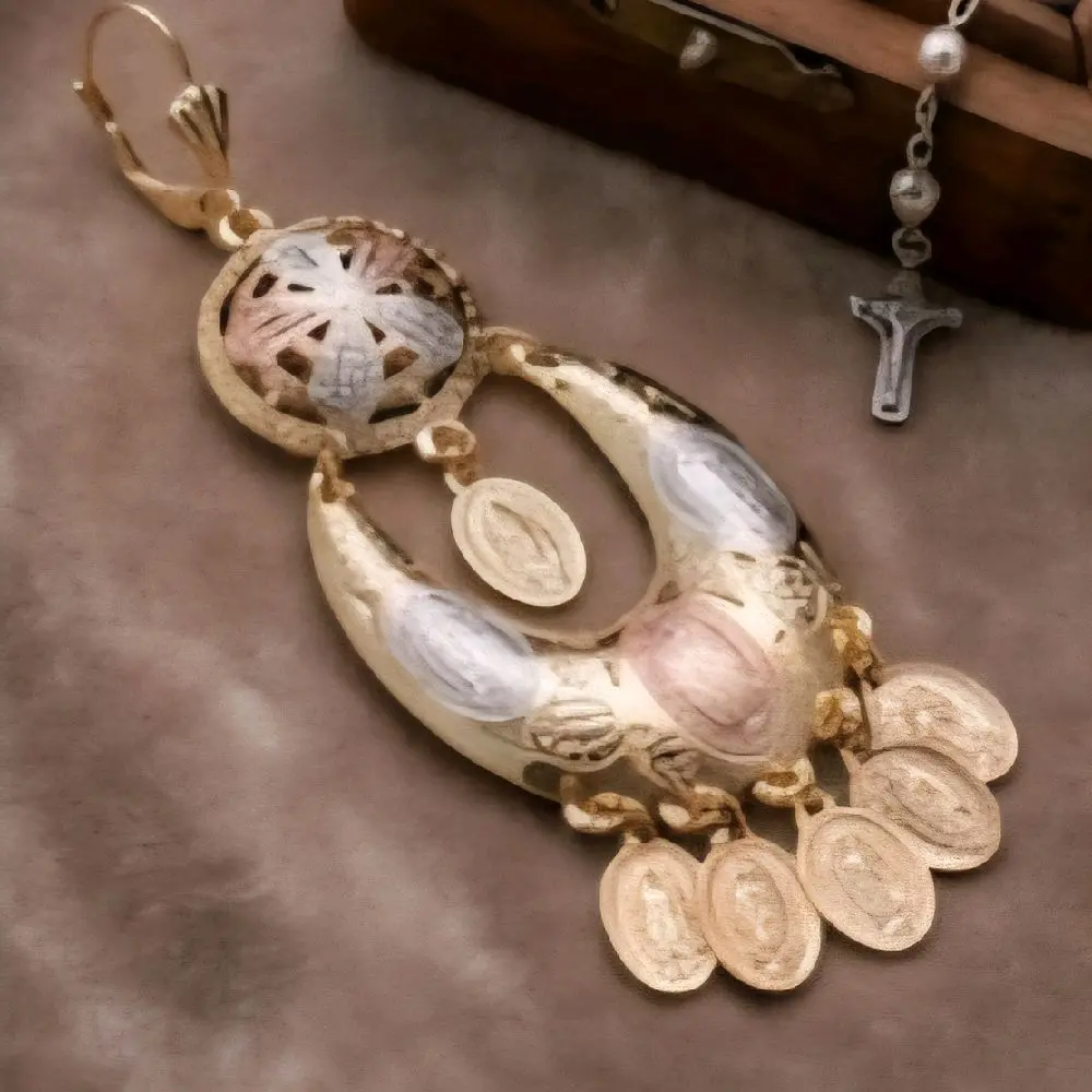 Beautiful mariachi earrings with the Virgin of Guadalupe logo in 14k gold plating.
