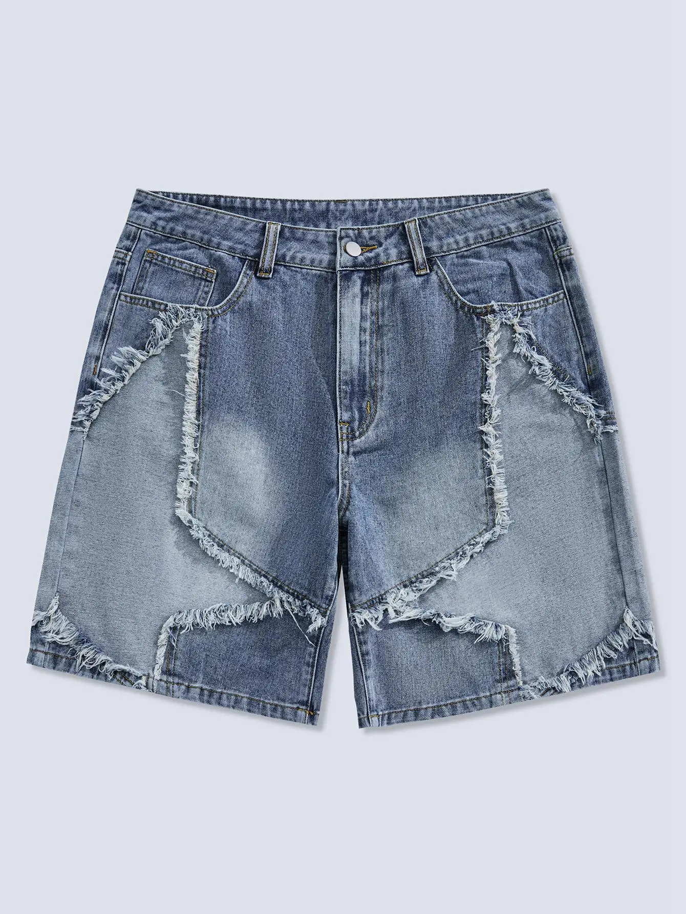 Frayed Hem Star Pattern Wide Leg Jorts Denim Shorts with Pocket