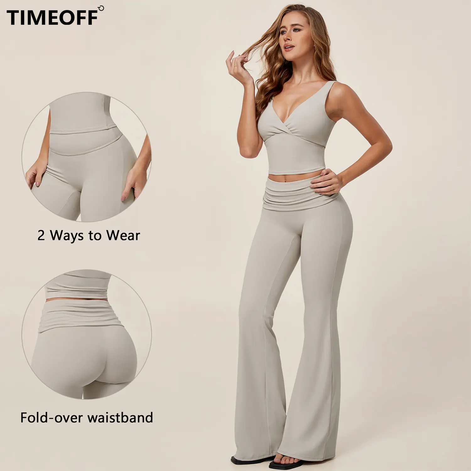 TIMEOFF Women's Casual 2 Piece Sets - V-Neck Twist-Front Crop Top & Fold-Over Waist Flare Leggings, Stretchy Workout Sets for Pilates & Yoga