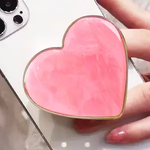 Cute Pink Heart Collapsible Phone Grip - Kawaii Seashell Pattern Love Handle Phone Stand Holder for Women, Large Phone Grip Compatible with Kindle, iPad, iPhone, Phone Charm, Phone Accessories