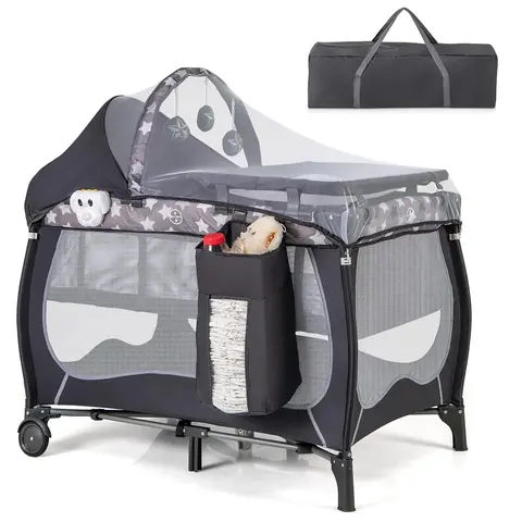 Costzon 4-in-1 Multi-Use Pack and Play, Portable Crib for Unisex Baby & Newborn Baby with Bassinet & Canopy, Adjustable Canopy, Changing Table, Lockable Wheels, Music Box, Travel Crib for Toddlers, Playpen For Baby tiktokshopbacktoschool