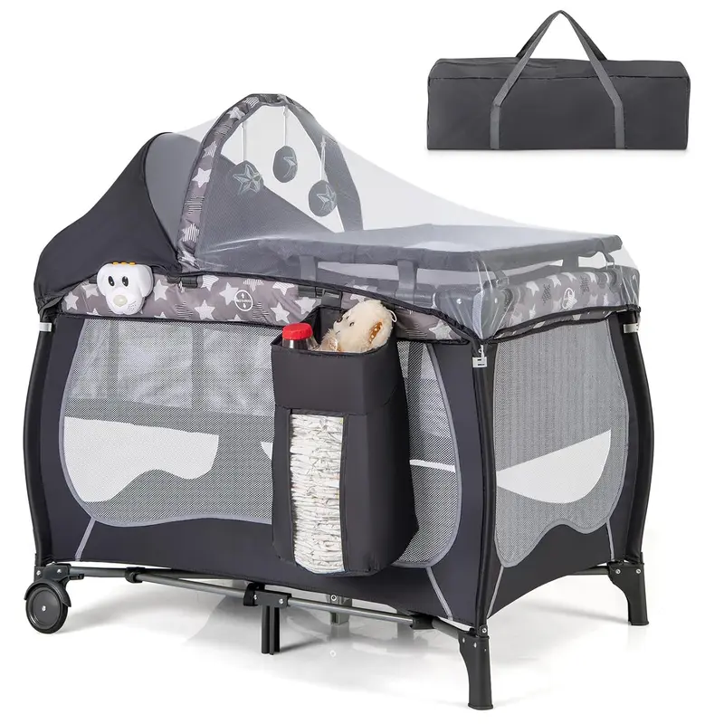 Costzon 4-in-1 Multi-Use Pack and Play, Portable Crib for Unisex Baby & Newborn Baby with Bassinet & Canopy, Adjustable Canopy, Changing Table, Lockable Wheels, Music Box, Travel Crib for Toddlers, Playpen For Baby tiktokshopbacktoschool