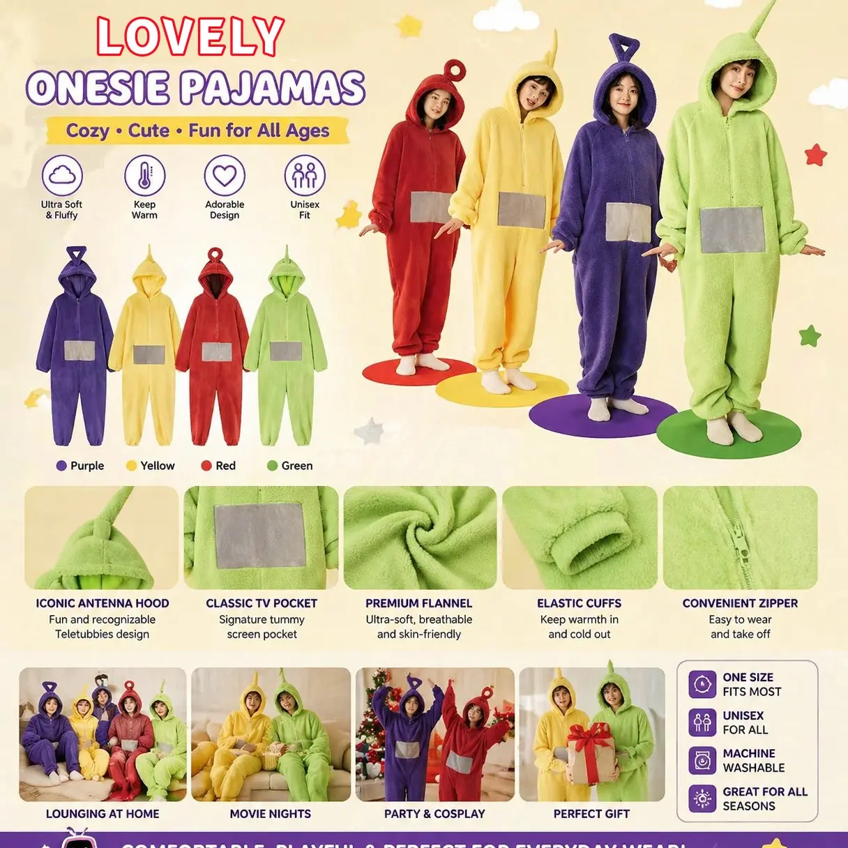 Comfortable Cute Cartoon Character Hooded Onesie Sleepwear, Ultra-Soft Flannel Adult Pajamas, Colorful Winter Wearable Blanket with Large Button