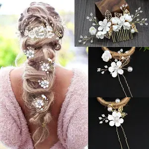5 PCS Bridal Flower Wedding Hair Pins Crystal Pearl Hair Clips Headpiece Gold Wedding Hair Accessories Jewelry with Rhinestone for Brides Bridesmaids Women Girls Updo (Pure White Flower)