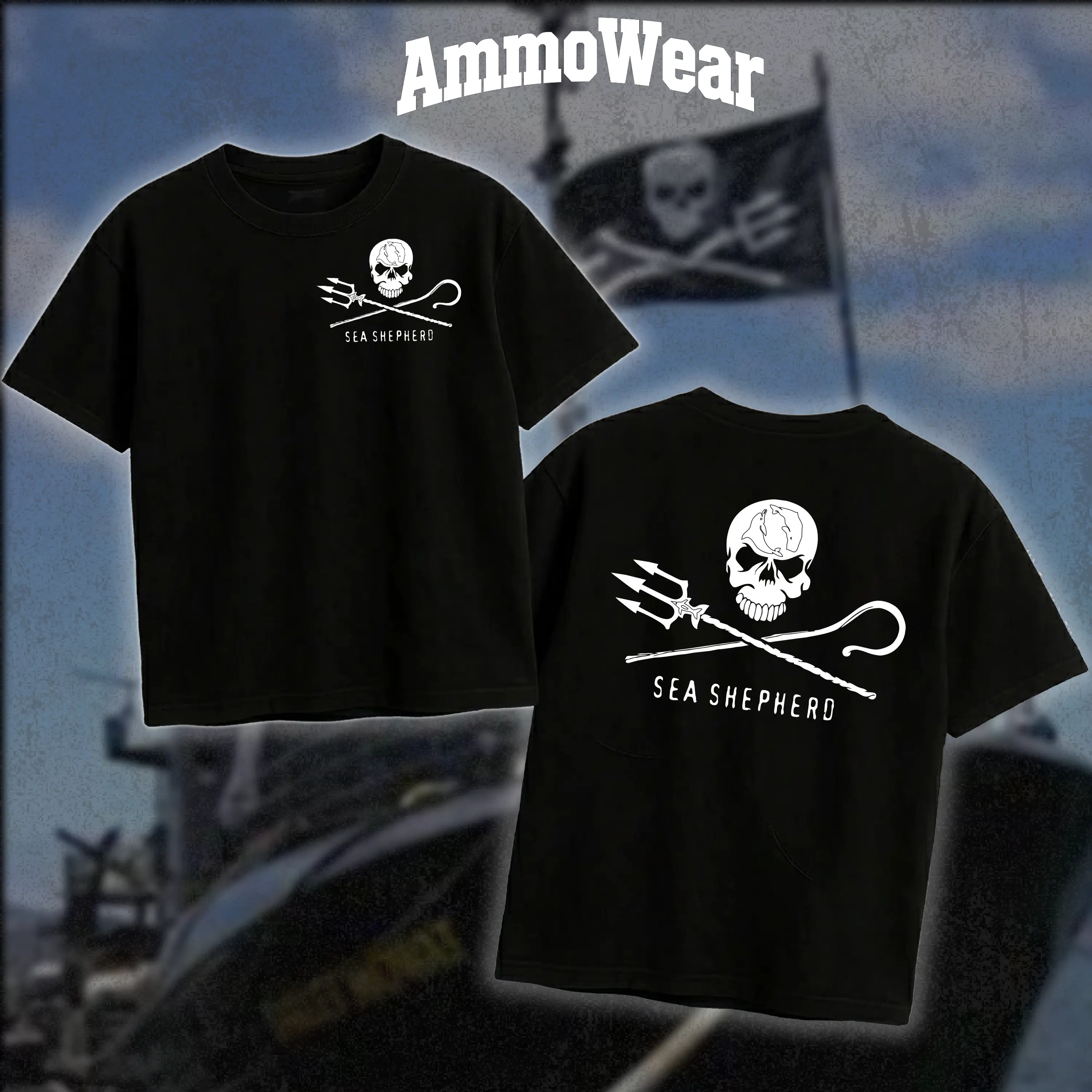 Sea Shepherd Skull Graphic Tee for Men, Jolly Roger Trident Pirate T-Shirt, Edgy Streetwear Tactical Top, Black Short Sleeve Casual Everyday Shirt with Bold Back Print, Ocean Defender Apparel, Trendy Mens Vintage Fashion
