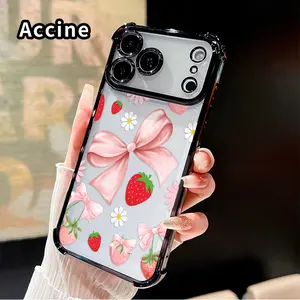 Compatible with iPhone 17 Pro Max 16 15 Plus Air 14 13 12 11 E Phone Case Strawberry Bow Delight Four-Corner Drop-Resistant Electroplated Transparent TPU Soft Protective Cover Gift