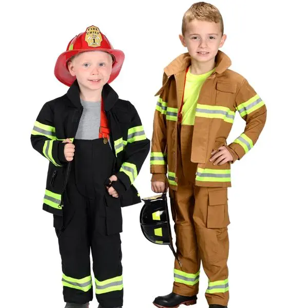 Boys' Jr. Firefighter Costume Clothes - Size 6/8 Matching Coat with Suspenders, Reflective Zippered Overalls for Fast On/Off