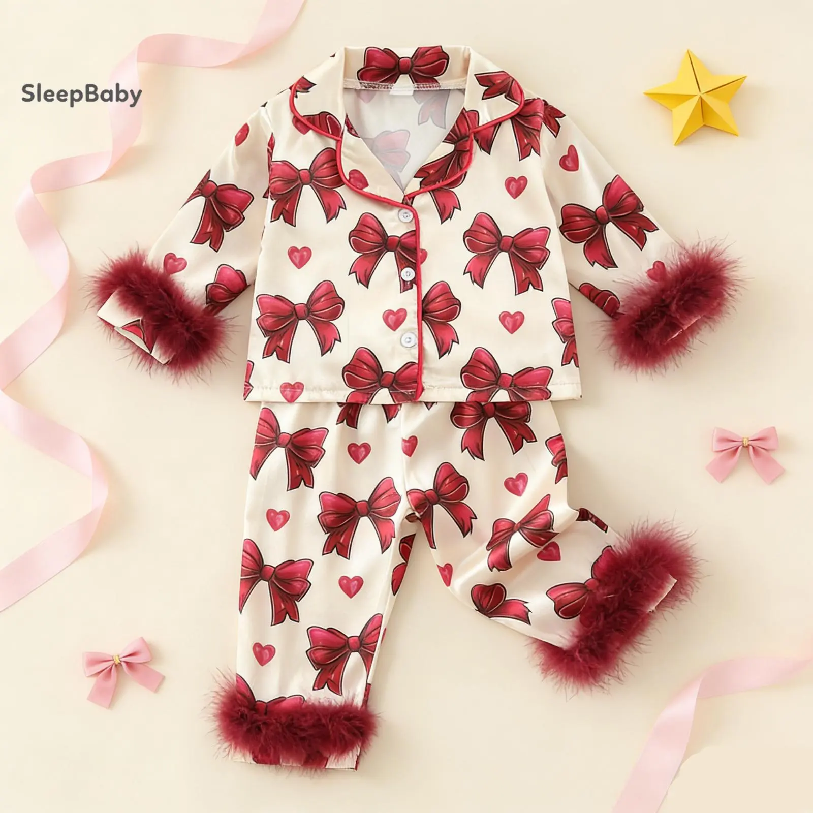 Kid Girl Satin Pajamas Set Bow Print Feather Cuffs Long Sleeve Lapel Button Down Tops with Pants Sleepwear