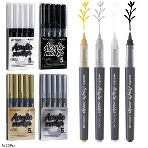 Acrylic Paint Pens Waterproof Markers 5Pcs Permanent Marker Pens Soft Bursh for Rock Painting Glass Stone Ceramic Metal Fabric Pebble Painting pens (Black, White, Gold, Silver)