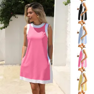 Kingapril Women's Casual Two Piece Sets Color Block Crewneck Sleeveless Pullover Tops Matching Shorts With Pockets