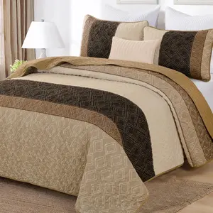 Quilt Set Striped Plaid Bedspread Coverlet Set Light Brown Soft Microfiber Bedding Set with 2 Pillow Shams 96"x90"