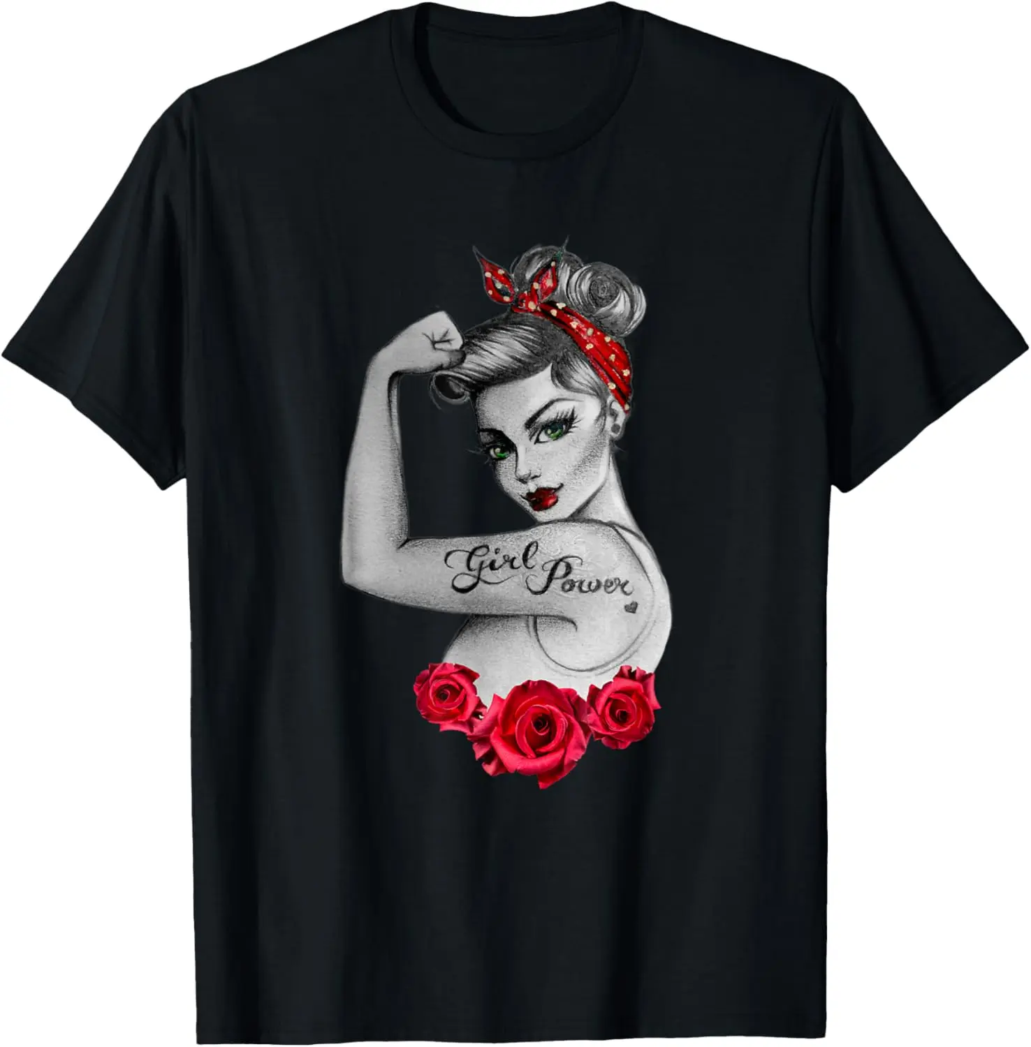 100%cotton Girl Power Vintage Retro Pin Up RED ROSES RosieRiveter Style T-Shirt