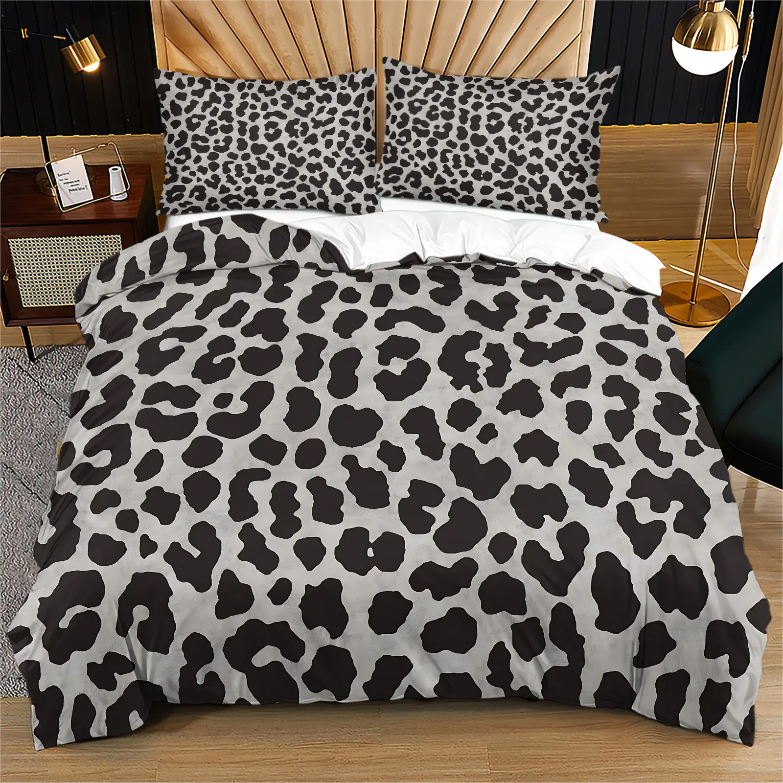Leopard print gray and black patterned bedding set,  cover and pillowcase combination, creating a wild and luxurious bedroom décor, Leopard Print Duvet Cover