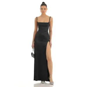 Satin Rhinestone Maxi Dress in Black