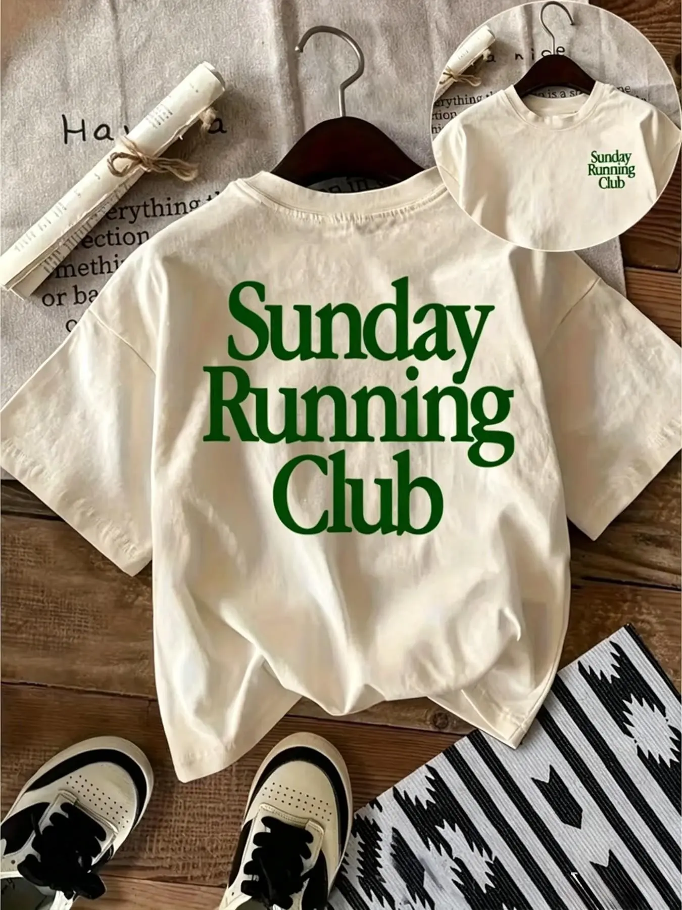 Women’s Sunday Running Club Graphic T-Shirt, Print, Vintage Washed Tee, Athleisure Tee, Retro Sporty Slogan Top, Casual Oversized Streetwear, Multiple Colors