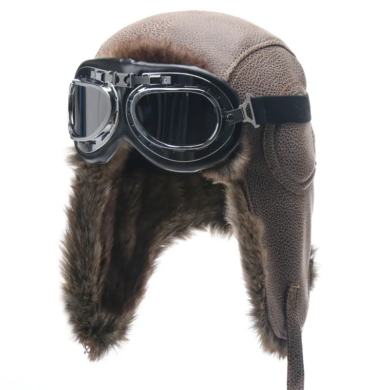 Unisex Leather Aviator Trapper Hat with Goggles, Thick Warm Ear Flap Winter Cap, Windproof Motorcycle Hat for Outdoor Travel & Cold Weather Wear.