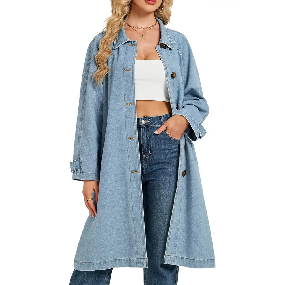 Casual Denim Trench Coat for Ladies, Oversized Long Sleeve Duster, 1 Piece Button Down Tops for School with Adjustable Cuffs, Longsleeves, One Piece