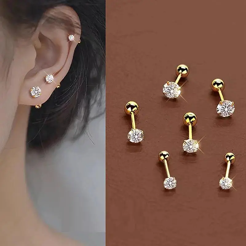 Women's Elegant Daily 6pcs/Set Stainless Steel & Copper Ear Bone Stud Earrings, 3mm, 5mm, 4Mm, Simple, 3Mm 4Mm 5Mm