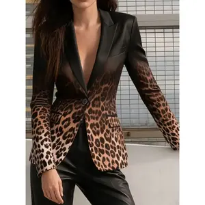 Women’s leopard print sports jacket, long-sleeved V-neck blazer, fashionable jacket, women’s clothing GARMENTARY