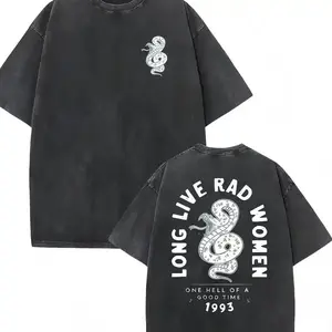 Washed Vintage Graphic T-Shirt for Women - "Long Live Rad Women" & Snake Print Casual Crew Neck Oversized Tee, Soft Breathable Cotton Short Sleeve Top, Retro Streetwear Aesthetic, Drop Shoulder Loose Fit Design, One Hell Of A Good Graphic tee