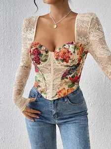 Fashion Holiday French Court Vintage Oil Painting Drawstring Waist Lace Up Bodysuit Lace Patchwork Long Sleeve Floral Printed Bodycon Top Outerwear