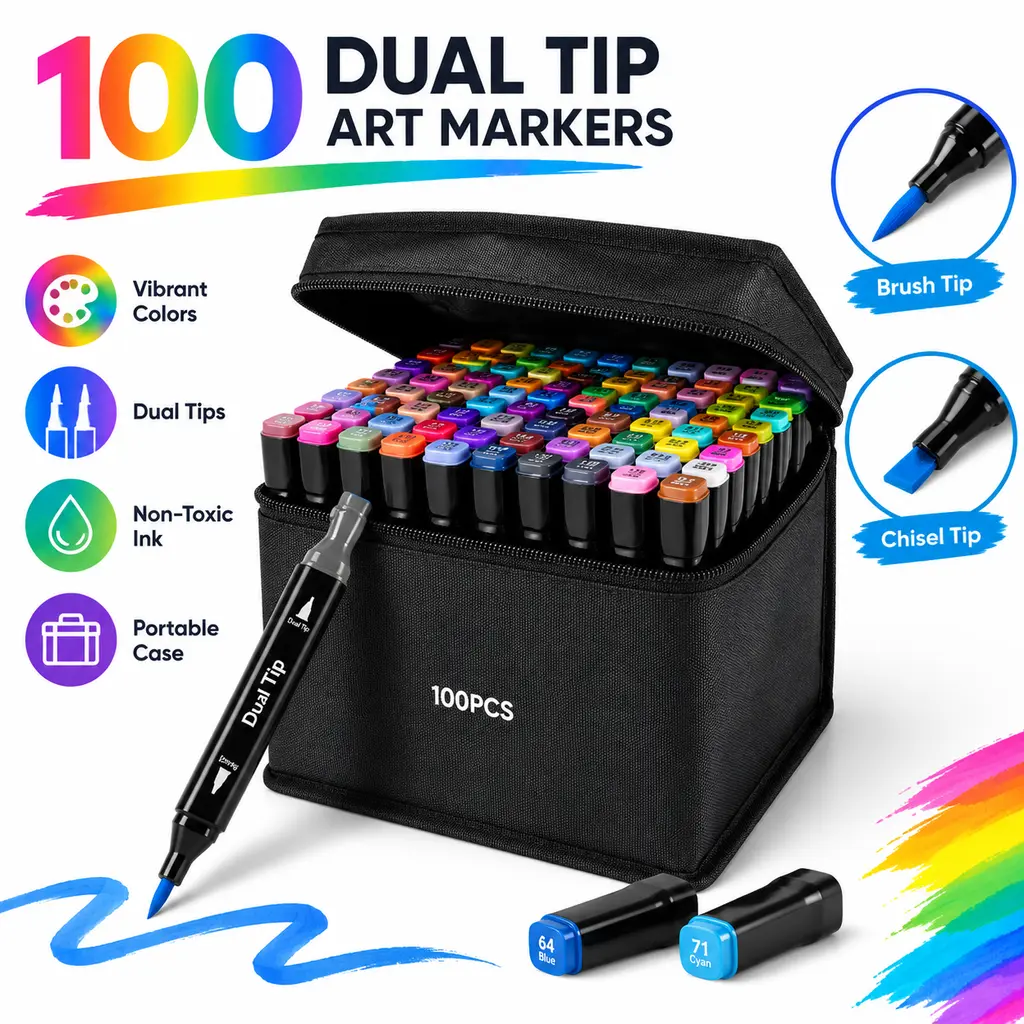 100 Colors Dual Tip Art Marker Set, Brush & Chisel Nib Drawing Pens with Carry Case for Sketching, Coloring and Illustration Artwork