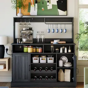 Garvee 47" Farmhouse Coffee Bar Cabinet with Power Outlets, Wine Rack, Goblet Holder, 5 Hooks, 3-Tier Storage, Sideboard Buffet in Dark Gray for Stylish Kitchen Organization