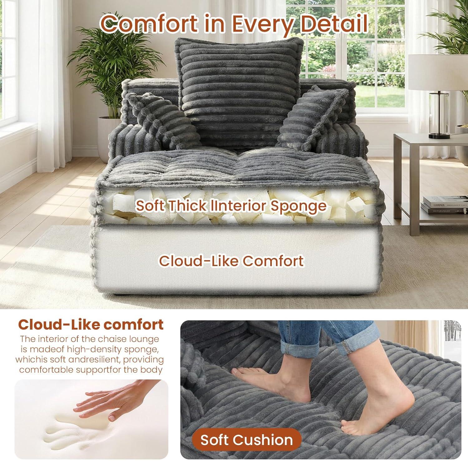 Winzoo Boneless Chaise Lounge Chair Indoor, Corduroy Small Boneless Sleeper Sofa with 3 Pillows & Wide Armrest, Fluffy Comfy Chase Lounge Indoor, Compression Boneless Couch for Living Room