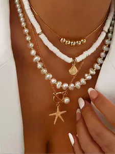 4-piece Boho Style Faux Pearl & Starfish & Shell Decor Necklace, Fashion Summer Style Jewelry for Party, Daily Clothing Decor, Trendy All-match & Exquisite Jewelry for Birthday Gift, Trendy Charms Necklace, Beaded Necklace, Daily Wear Necklace