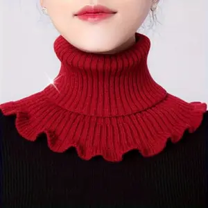 Women's Polyester Mock Turtleneck Scarf - 1pc Windproof Thermal Winter Neck Warmer, Elastic Ruffled Collar, Red & Black Contrast Durable Knitwear for Casual Outings (Mature Style)